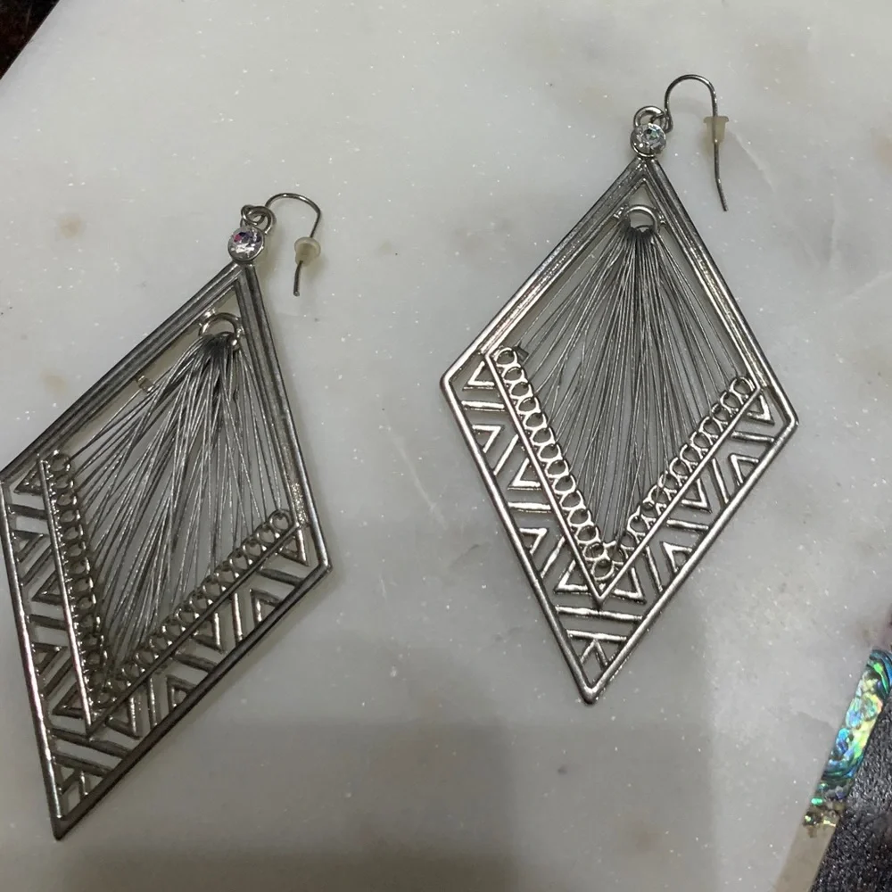 Boho Diamond shape string art silver tone earrings